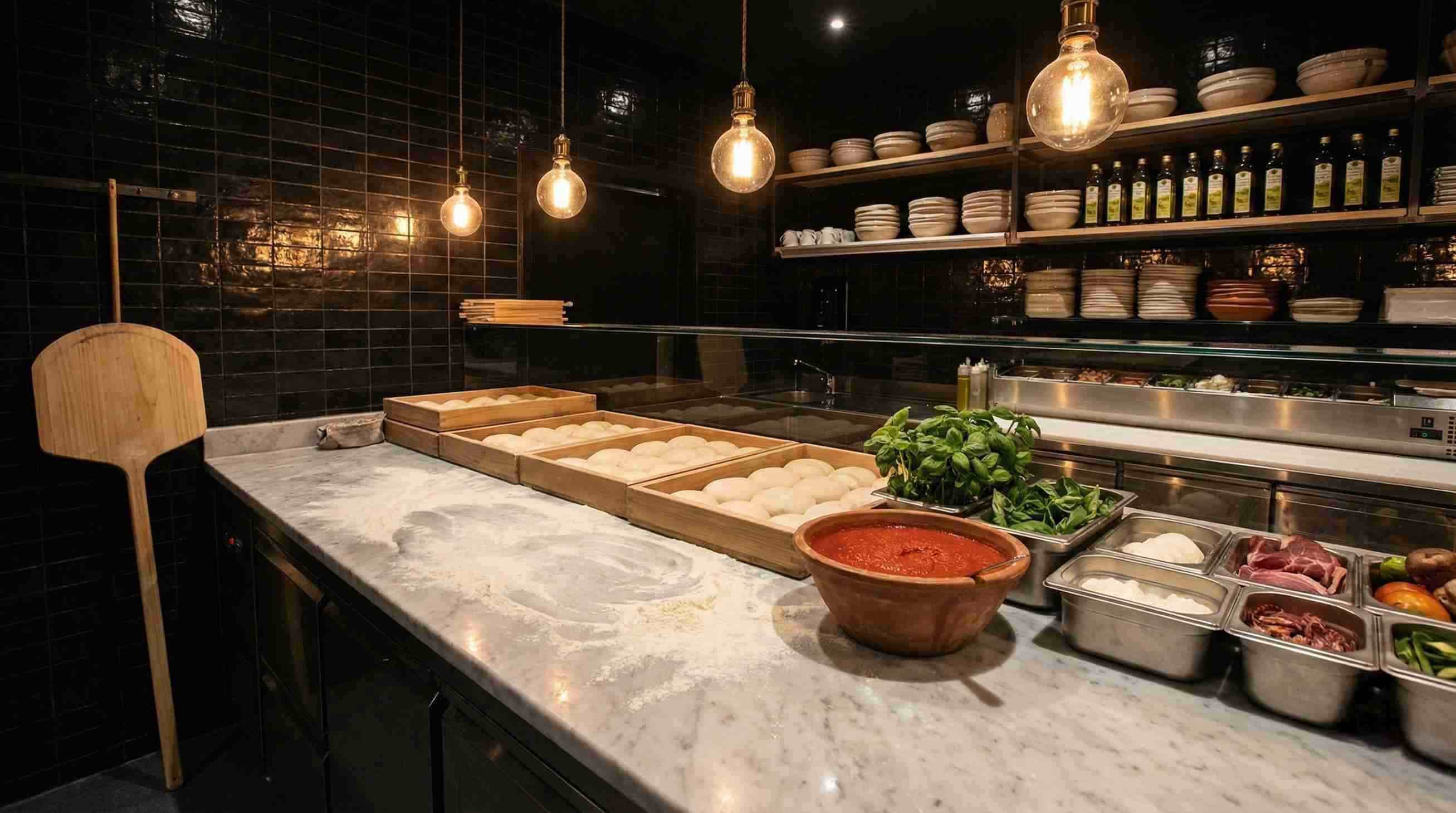 Balcão e área de preparo das pizzas