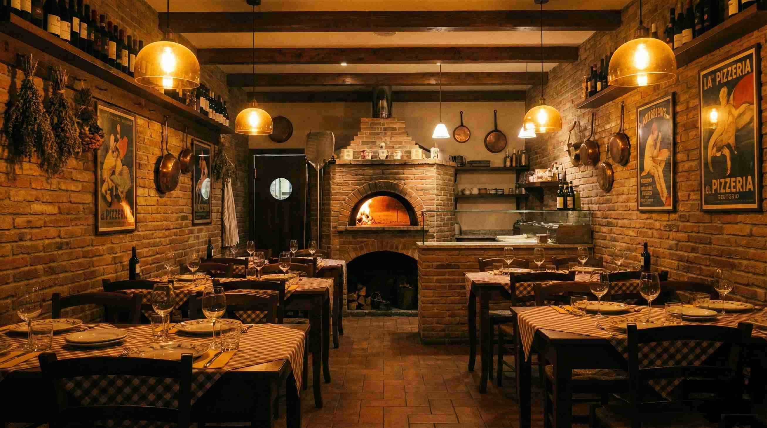 Salão da pizzaria — mesas, iluminação e forno a lenha ao fundo